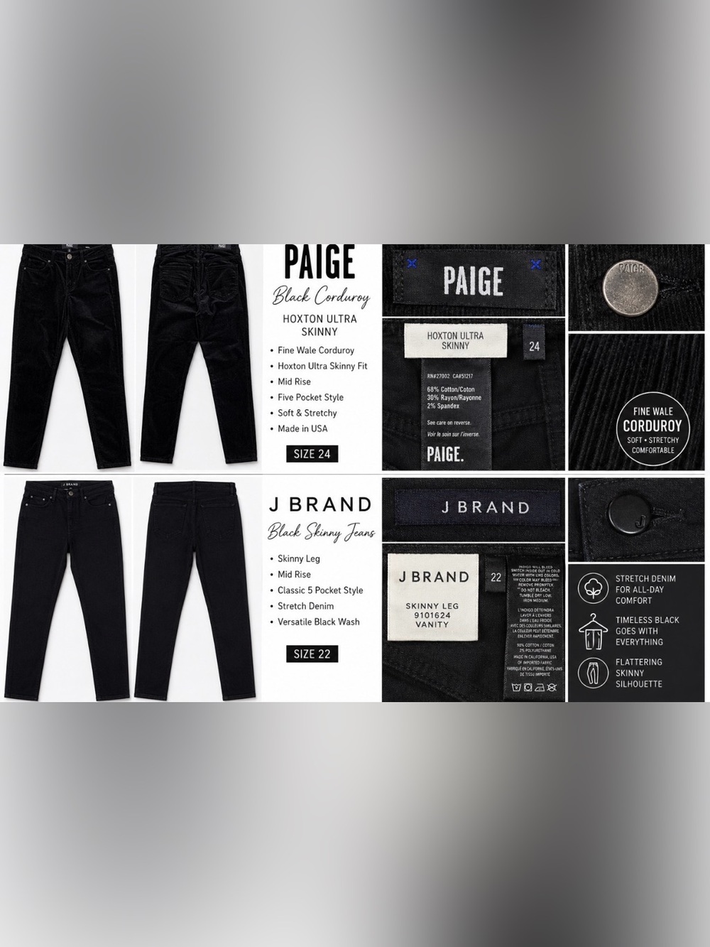 PAIGE Black Corduroy Hoxton Ultra Skinny Jeans + j brand midrise skinny